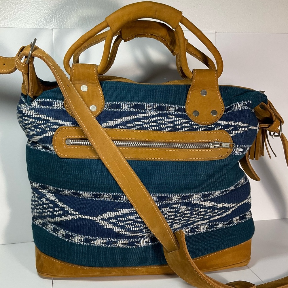 Stela 9 Large Shoulder Bag Satchel Blue Woven Suede Handles & Strap EUC